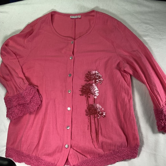 Petsche Tops - Petsche Womens Pink Cotton Crochet Lace Trim Floral Button Front Top Size M